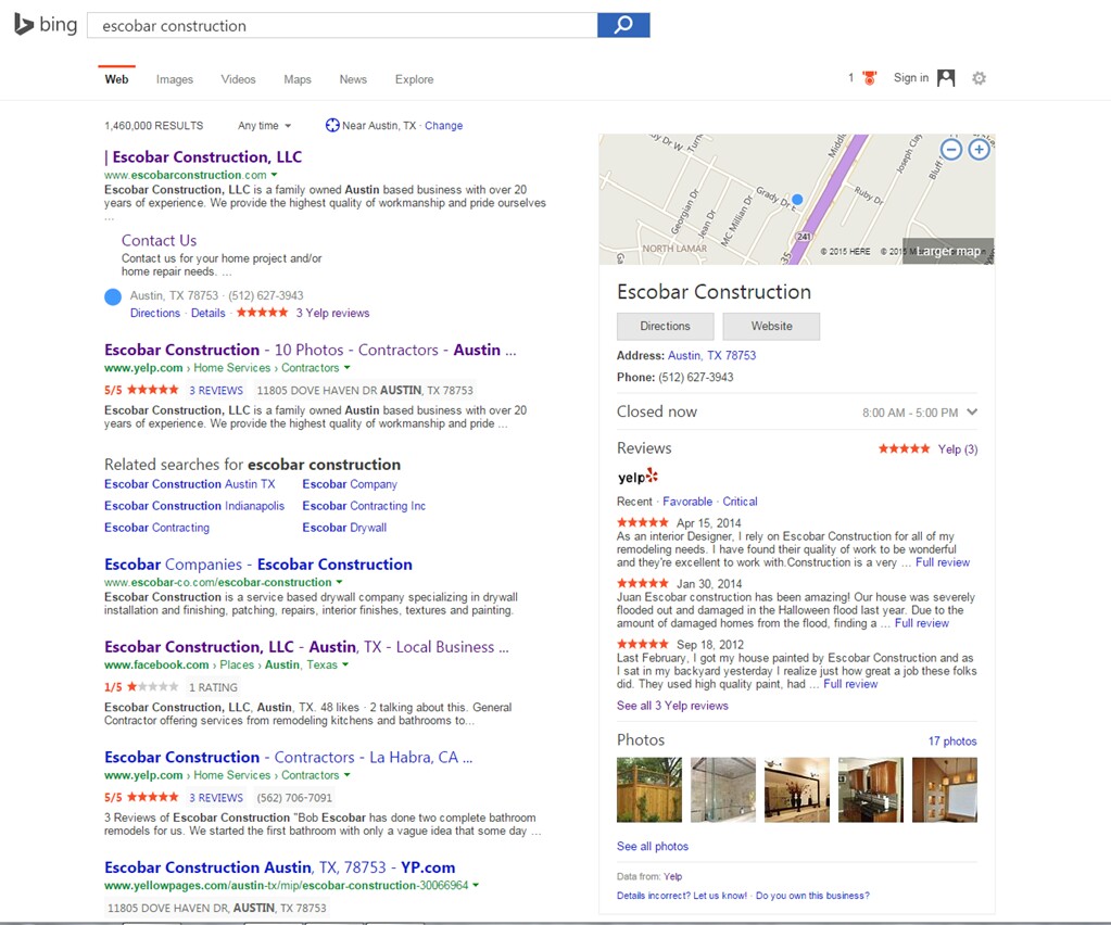 Escobar Construction Yelp Review on  Bing